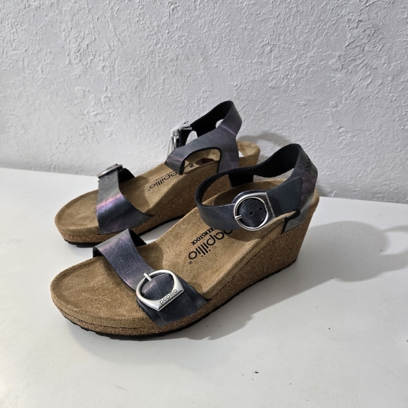 Birkenstock Papillio Soley Ring Buckle Wedge Leather Metallic Silver Women 8-8.5 - Picture 1 of 9